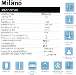 Milano Electric Water Heater Horizontal