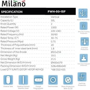 Milano Electric Water Heater Vertical, White, 50 Liter