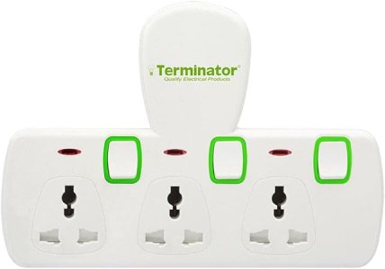 Terminator 3 Way Universal T-Socket Multi Adaptor With Individual Switches