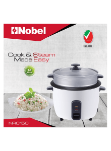 Nobel 1.5 Liters Rice Cooker, Tempered Glass Lid, Auto shut off, Color White Model – NRC150 – 1 Year Warranty.