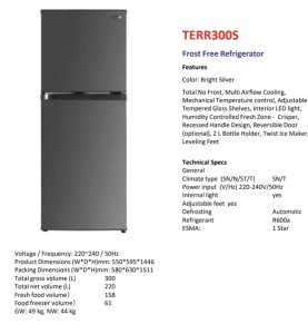 Terim Double Door Top Mount Refrigerator, Gross Capacity 300 Litres/Net 220 Liters, No Frost Technology, TERR300S,Silver colour
