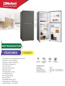 Nobel 280 L Gross / 196 L Net, No frost Double Door Refrigerators, R600a Refrigerant, Temperature Control, Inside Light, Inside Condenser - NR280NF Dark Silver